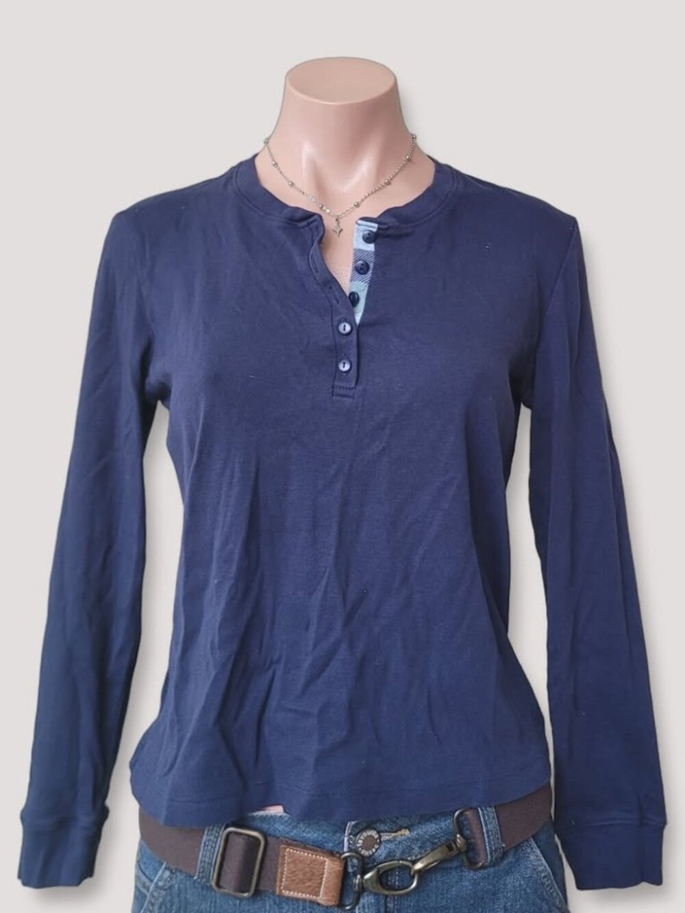 90s L.L.Bean Navy Blue Plaid Long Sleeve Henley Shirt S